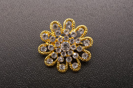 1 1/8" Yellow Gold Flower Brooch with Clear Rhinestones - Pack of 12