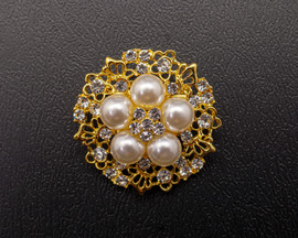 1 1/4" Yellow Gold Round Rhinestone Faux Pearl Brooch Pin  - Pack of 12