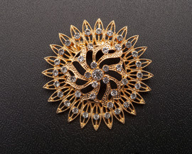 2 1/8" Old Gold Flower Brooch with Clear Rhinestones - Pack of 12