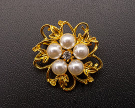 1 3/8" Yellow Gold Flower Brooch with White Pearls and Clear Rhinestone - Pack of 12