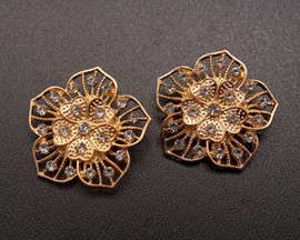 1 1/4"x 1 1/4" Old Gold Flower Brooch with Clear Rhinestones - Pack of 12