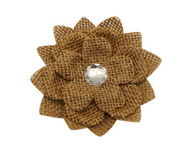 3 1/2" Brown Single Burlap Flower with Rhinestone - Pack of 36 Jute Fabric Flowers
