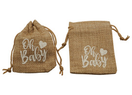 3"x4" White Printed "Oh Baby" Brown Burlap Baby Shower Bag - Pack of 144