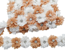 2"x 10 yards Tan and White 3D Flower Rhinestone Organza Trim