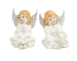 4 3/4" Tall White Dressed Silver Winged Sitting Poly Resin Angel - Set of 2 Figurine