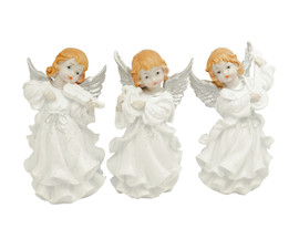 White Dressed Silver Winged Poly Resin Angels with Musical Instruments -Set of 3 Figurines
