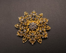 2 3/4" Gold Flower Brooch with Clear Rhinestones - Pack of 12