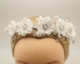 White First Communion Headpiece Silk Flower Wreath w/ Rhinestone - Pack of 8