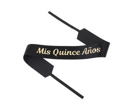 2" x 33" Black "Mis Quince Anos" Gold Printed Grosgrain Ribbon Bouquet Banner - Pack of 12