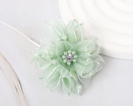 2 1/4" Sage Green Organza Rhinestone Pearl Center Circular Petal Flower - Pack of 12