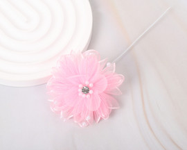 2 1/4" Pink Petal Layered Organza  Rhinestone Pearl Center Flower - Pack of 12