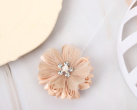 2 1/4" Tan Organza Silk Pearl Rhinestone Center Flower - Pack of 12