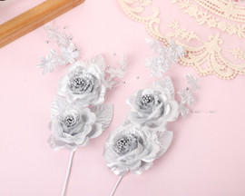 6" Silver Duo Rose Silk Pearl Accent Corsage Flowers - Pack of 12