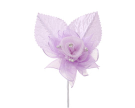 2 1/2" Lavender Organza Rhinestone Center Pearl Single Rose Flowers - Pack of 12