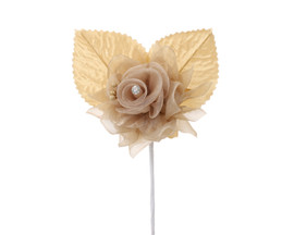 2 1/2" Tan Organza Rhinestone Center Pearl Single Rose Flowers - Pack of 12