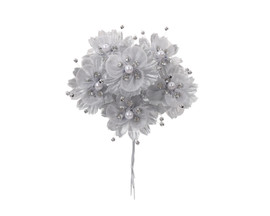 1 3/4" Silver Silk Organza Flower Pearl Spray Rhinestones - Pack of 72