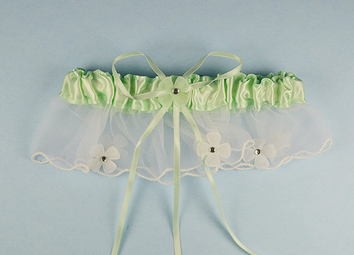 Mint Green Bridal Wedding Satin Garter with Floral Organza Trim - Pack of 12 Pieces