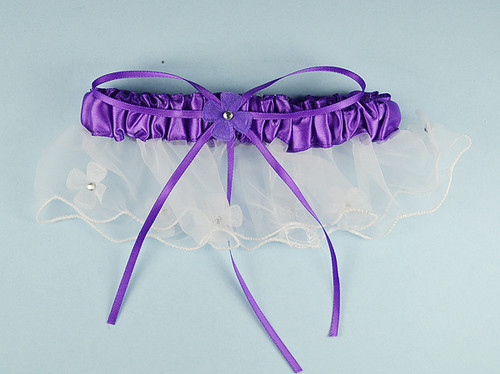 Purple Bridal Wedding Satin Garter with Floral Organza Trim - Pack of 12 Pieces