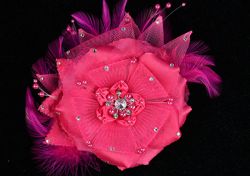 6" Fuchsia Large Silk and Satin Single Flower with Pearl and Rhinestone - Pack of 6