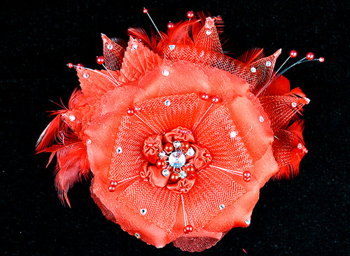 6" Red Large Silk and Satin Single Flower with Pearl and Rhinestone - Pack of 6