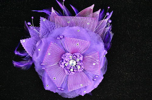 6" Purple Large Silk and Satin Single Flower with Pearl and Rhinestone - Pack of 6