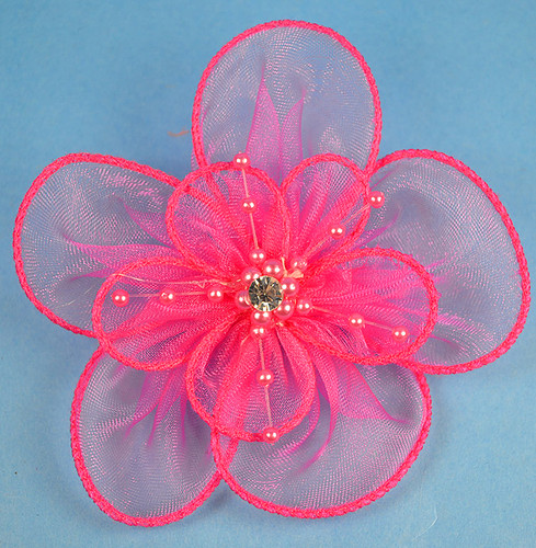 3" Fuchsia Organza Flowers with Pearl and Rhinestone - Pack of 12