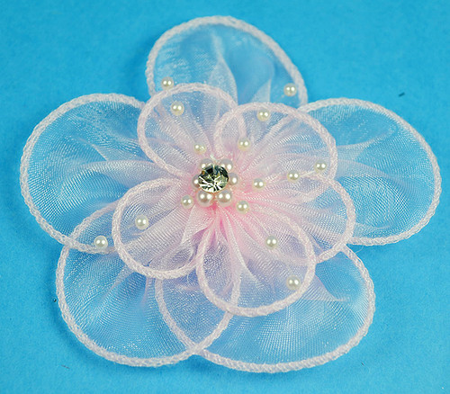 3" Pink Organza Flowers with Pearl and Rhinestone - Pack of 12