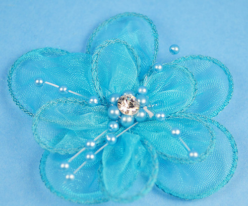 3" Turquoise Organza Flowers with Pearl and Rhinestone - Pack of 12