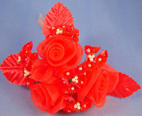 1.5" Red Organza Pearl Flowers with Leaf - Pack of 12