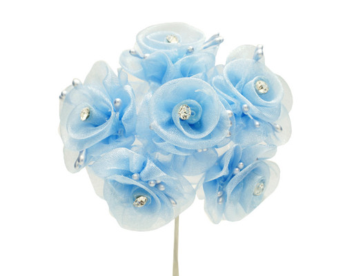 1.5" Light Blue Organza Flowers with Rhinestone - Pack of 72