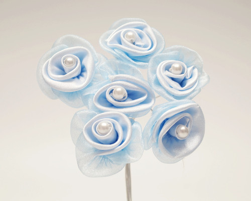 1 1/4" Light Blue Satin Organza Flowers with Pearl - Pack of 72