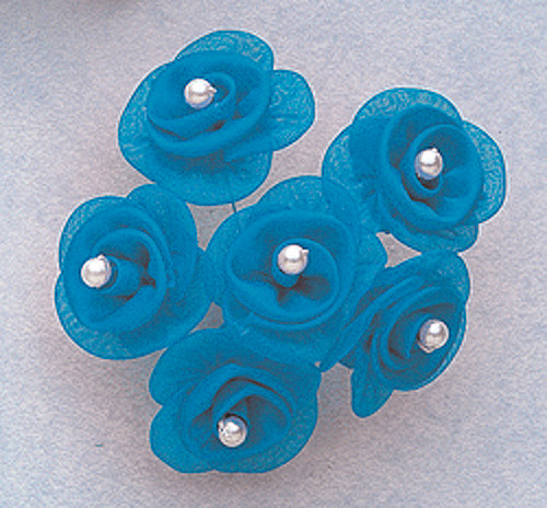 1 1/4" Turquoise Satin Organza Flowers with Pearl - Pack of 72