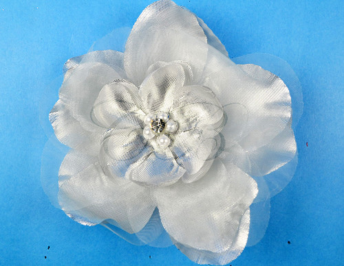 4.5" Silver Large Silk Flowers with Rhinestone - Pack of 12 Pieces