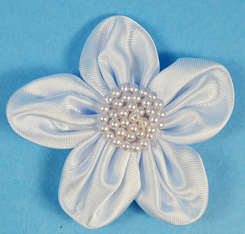 2.5" Light Blue Satin Flowers with Pearl - Pack of 12
