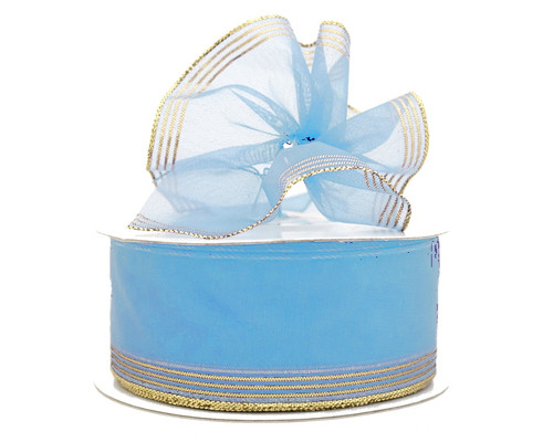 1.5"x25 yards Light Blue/Gold Organza Pull Bows Gift Ribbon - Pack of 5 Rolls