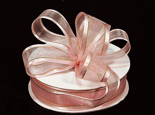 3/8"x25 yards Pink Organza Satin Edge with Gold Trim Gift Ribbon - Pack of 15 Rolls