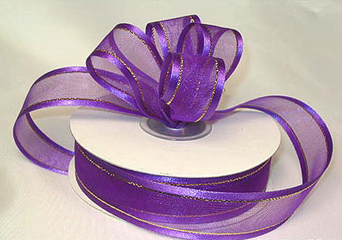 3/8"x25 yards Purple Organza Satin Edge with Gold Trim Gift Ribbon - Pack of 15 Rolls