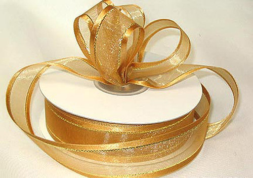 5/8"x25 yards Old Gold Organza Satin Edge with Gold Trim Gift Ribbon - Pack of 10 Rolls