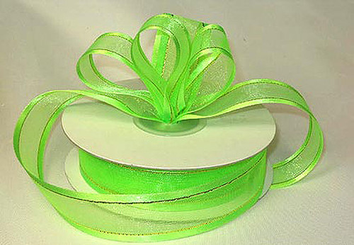 7/8"x25 yards Apple Green Organza Satin Edge with Gold Trim Gift Ribbon - Pack of 7 Rolls