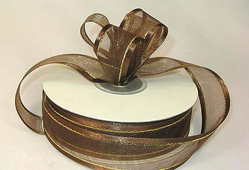 7/8"x25 yards Brown Organza Satin Edge with Gold Trim Gift Ribbon - Pack of 7 Rolls