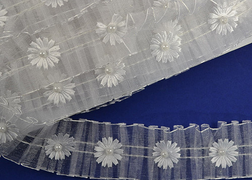 1.5"x10 Yard White Organza Lace Trim with Flowers and Pearl