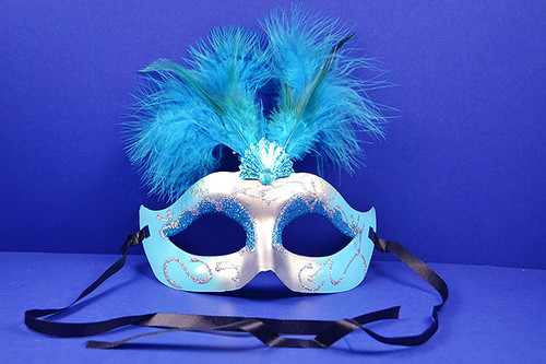 7" Turquoise with Silver Accents Mardi Gras Glitter Feather Masquerade Masks - Pack of 12
