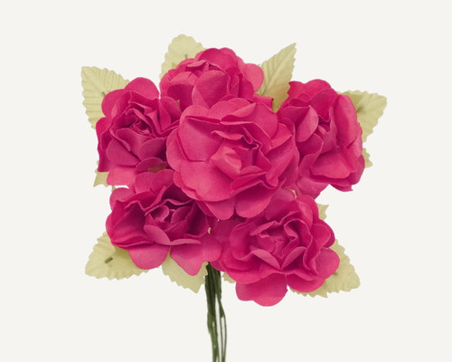 1" Fuchsia Big Rose with Leaf Paper Craft Flowers - Pack of 72