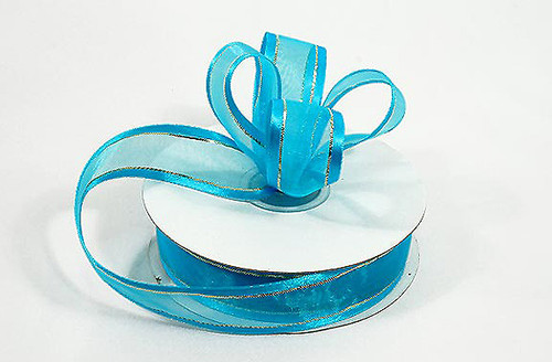 7/8"x25 yards Turquoise Organza Satin Edge with Gold Trim Gift Ribbon - Pack of 7 Rolls