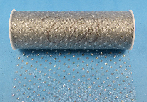 6"x6 yards (18 FT) Silver Sparkle Organza Rolls with Silver Glitter Dots - Pack of 6 Spools