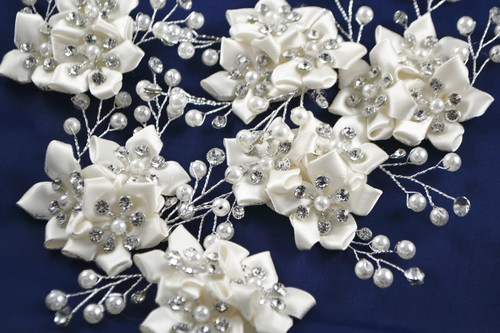 1.5" White Satin Flower Sticker with Rhinestone, Pearls and Sprays - Pack of 12