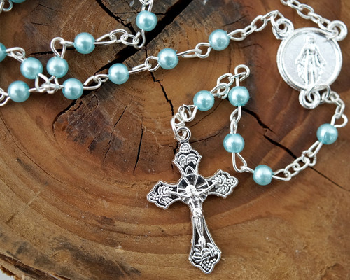 16" Teal Blue Pearl Rosary Necklace - Pack of 12 Pieces