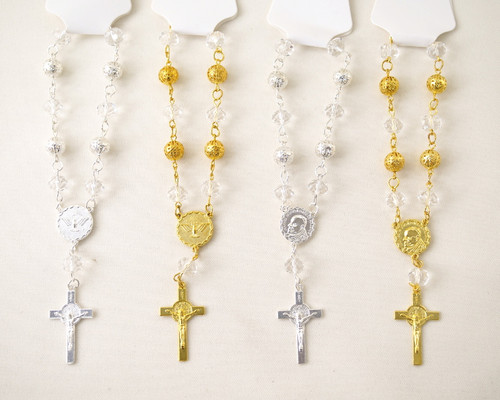 6" Small Metal Ball Gold/Gold Rosary Bracelet with Cross Pendant - Pack of 12