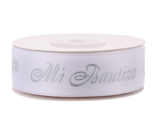 7/8" x 25 Yards Silver "Mi Bautizo" Printed Satin Ribbon for Baptism Favors - Pack of 5 Rolls