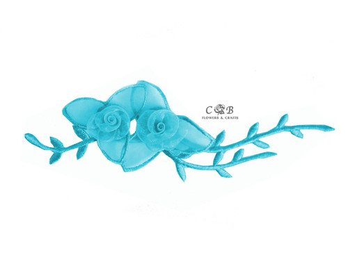 7" Turquoise Organza Patch Flower with Leaves - Pack of 12